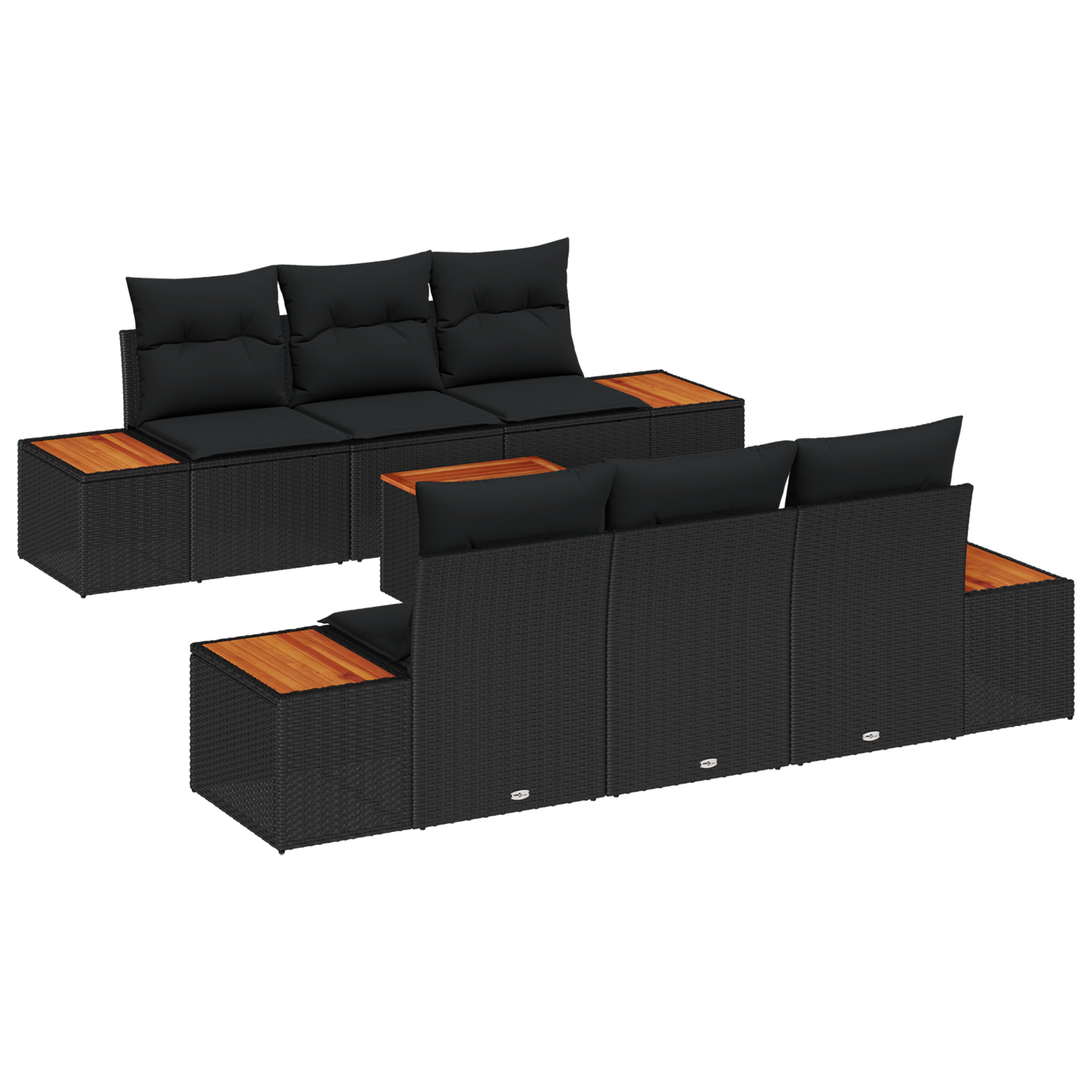7-delige tuinset met kussens in zwart poly rattan en acacia