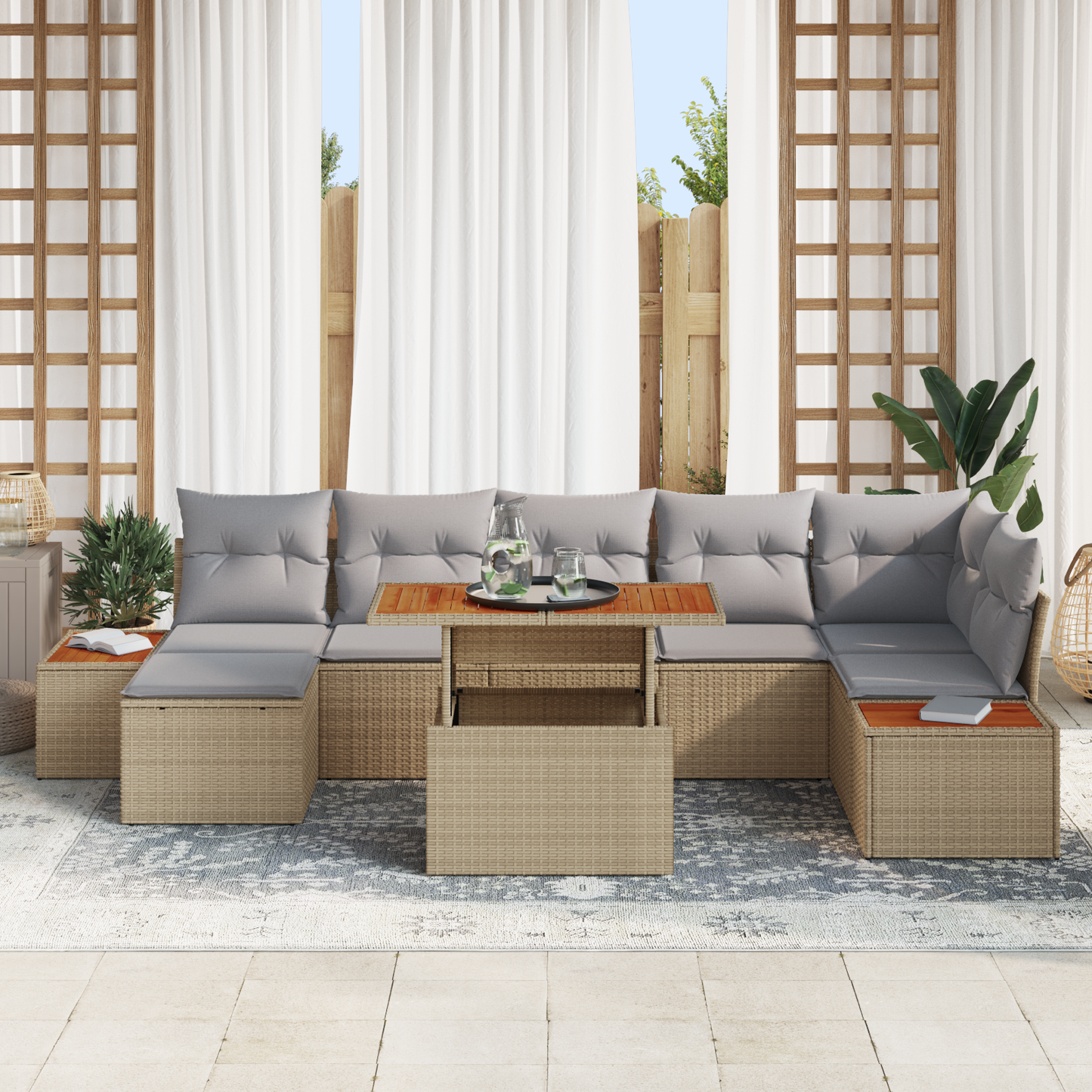 8-delige Tuinbankenset met kussens poly rattan beige