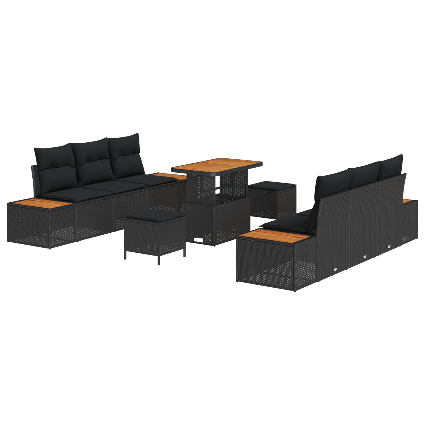 9-delige tuinsofa set met kussens - Zwart poly riet en acacia