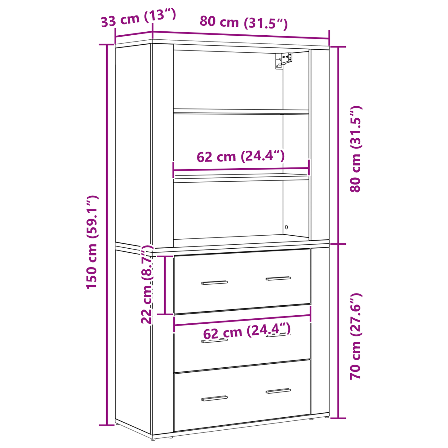 Highboard met lade Zwart eiken 80 x 33 x 150 cm Bewerkt hout