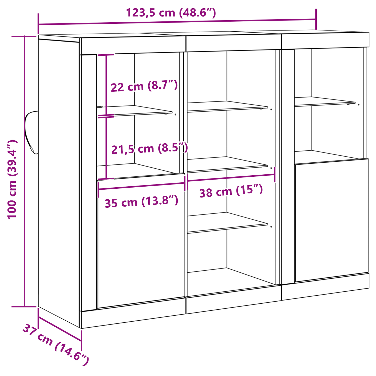 Dressoir met LED 123x37x100 cm bewerkt hout oud houtkleurig