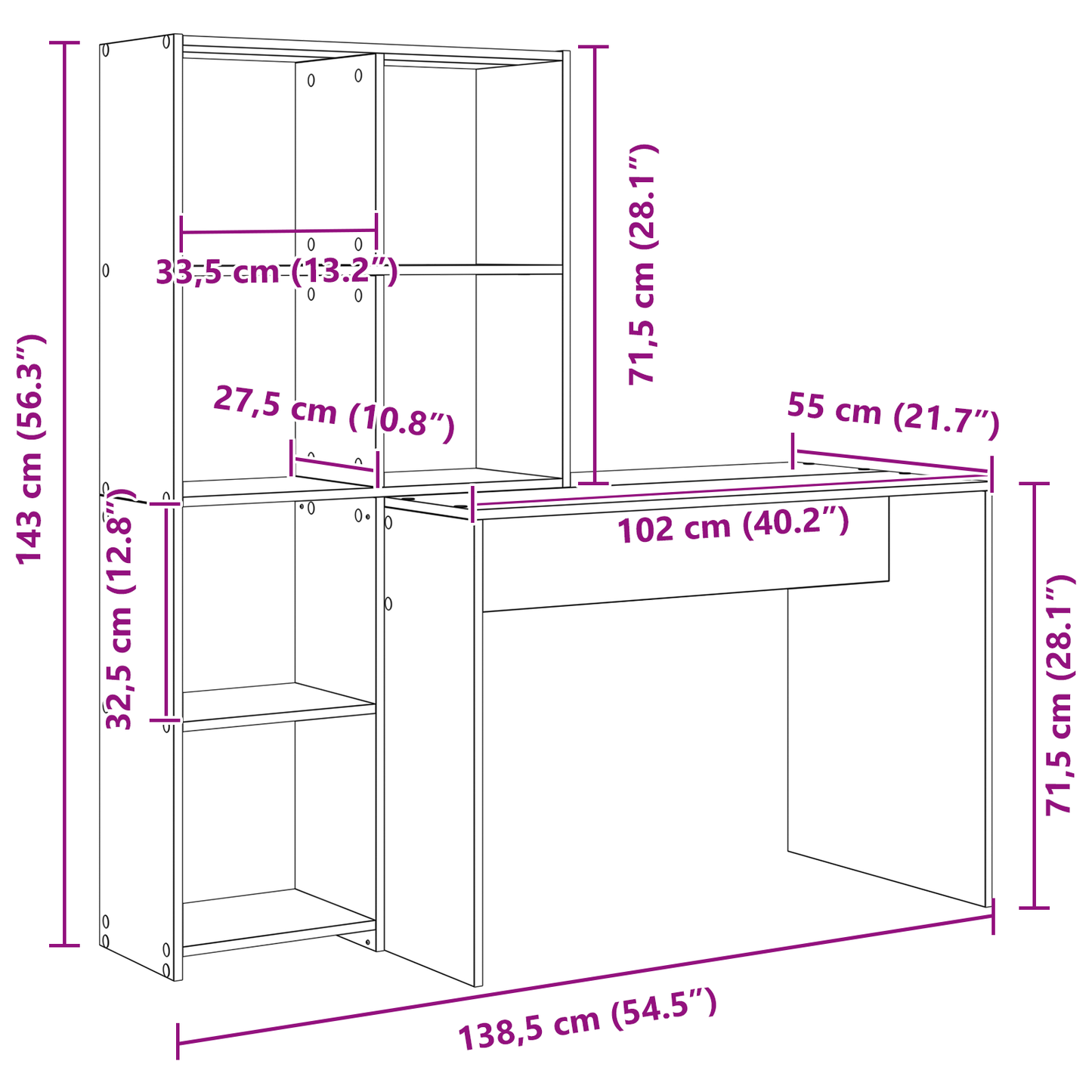 Bureau met plank met opslag Grijs sonoma 138.5 x 55 x 143 cm Bewerkt hout