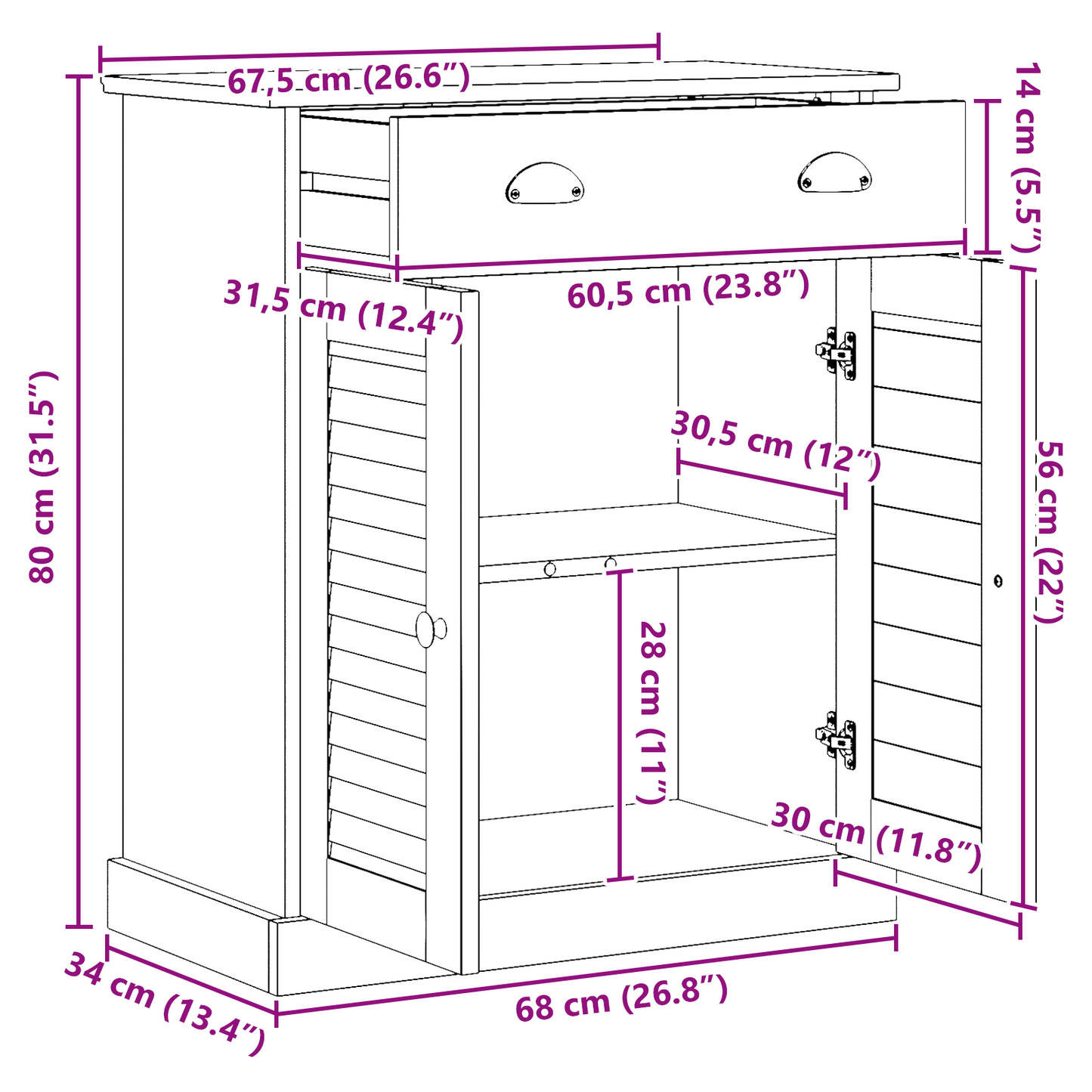 Badkamer Kast met opslag Wit 68 x 34 x 80 cm Massief grenenhout