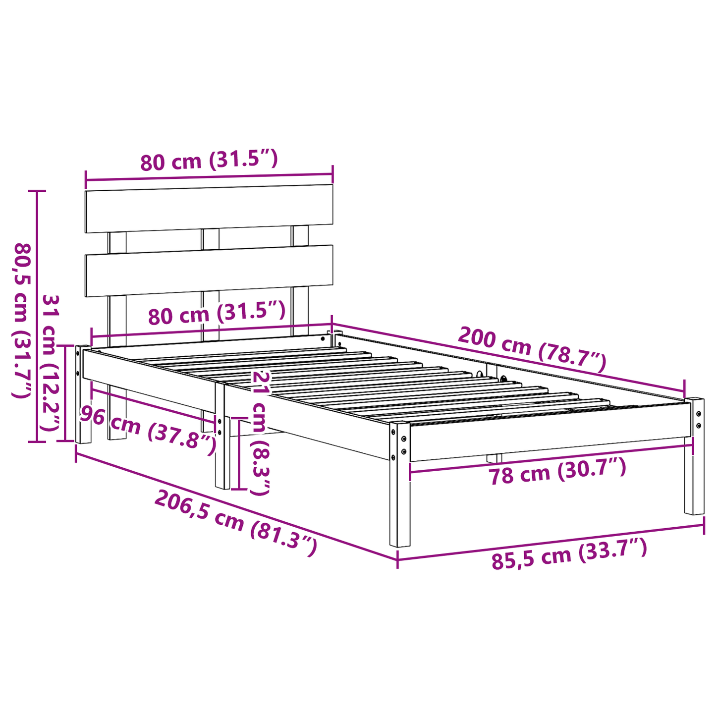 Bedframe met hoofdbord 80x200 cm van massief grenenhout