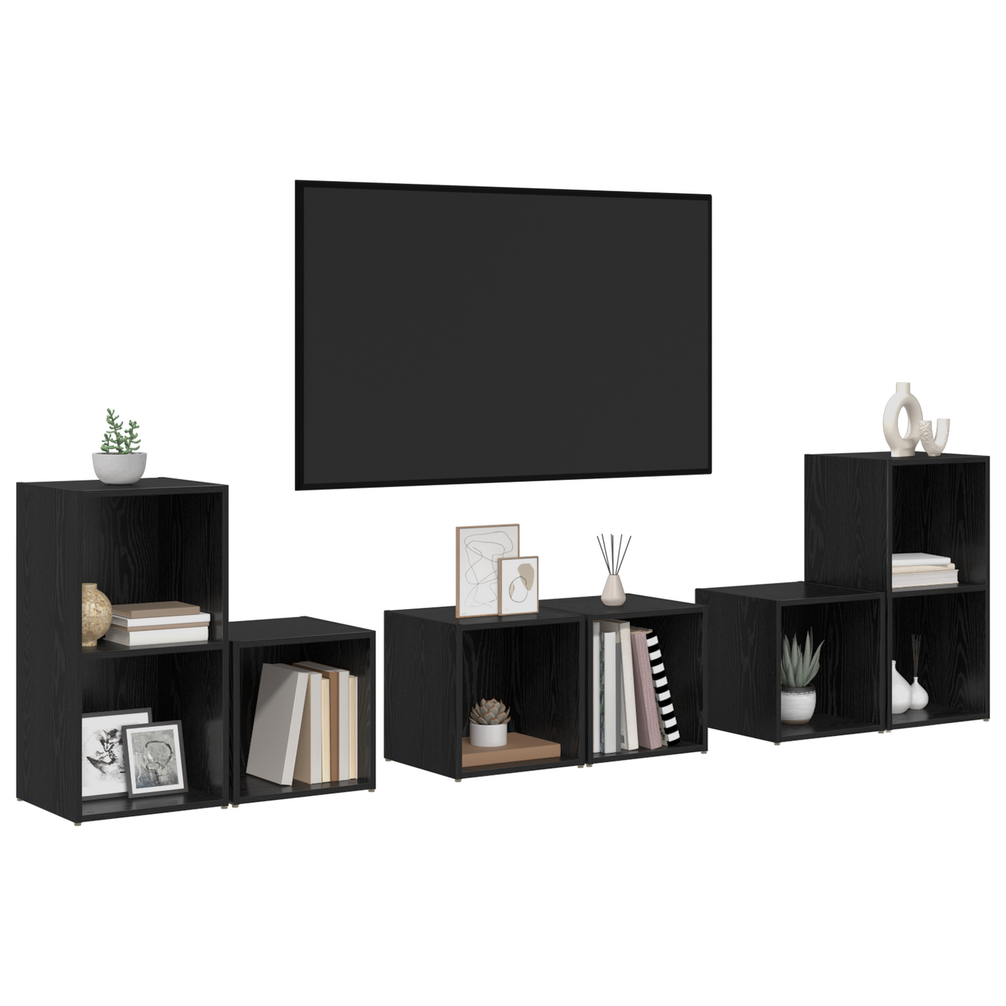 TV-kast set met plank met opslag 6 pcs Zwart Eiken Bewerkt hout