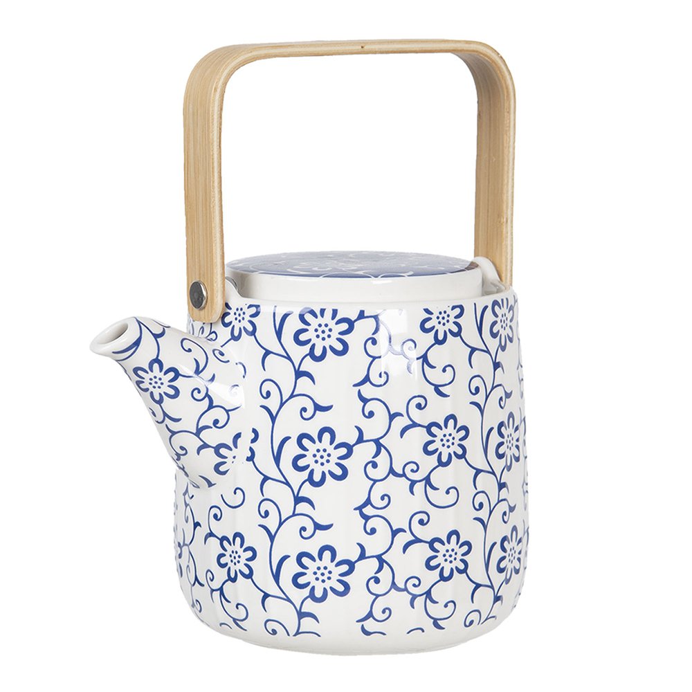 Theepot 800 ml Blauw Wit Porselein Bloemen Theekan