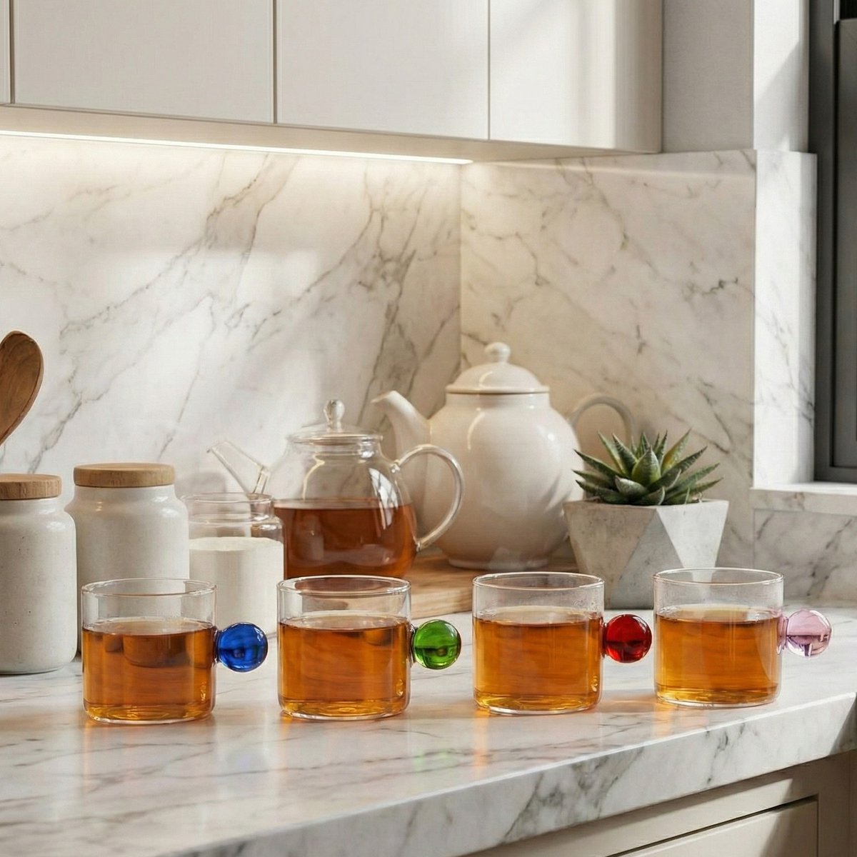 Glazen mokken 350 ml set van 4 gekleurde greep