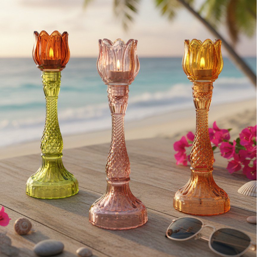 Capri green and pink candlestick 10x10x29cm