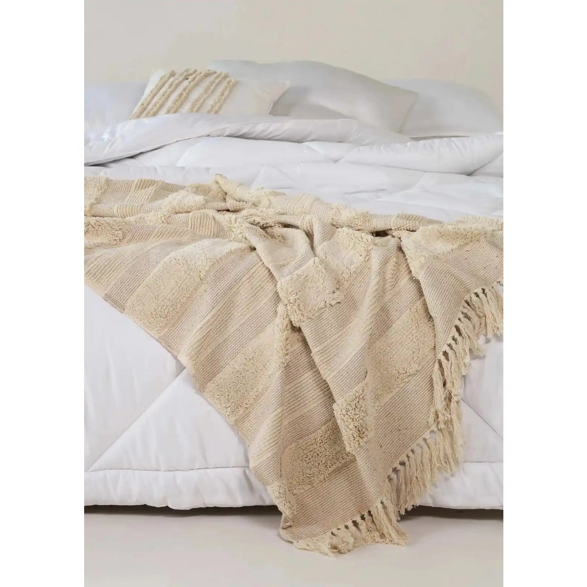 Plaid 130x165 cm katoen beige gestreept