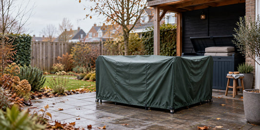 Afgedekte tuinset en opbergbox in een Nederlandse tuin in de late herfst.