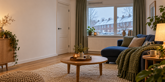 Warme woonkamer met blauwe bank, groene deken, vrije radiator en gordijnen naast het raam.