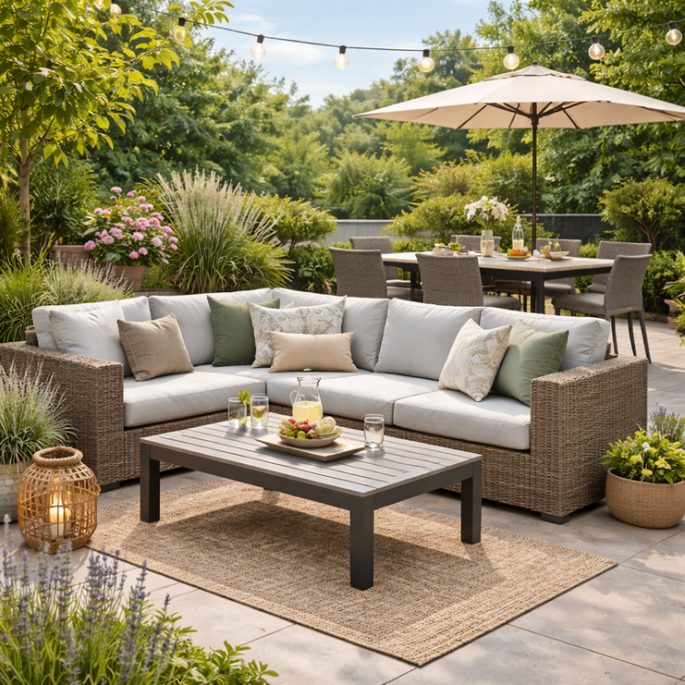 Stijlvolle tuin- en balkonmeubelen met loungeset en tuintafel