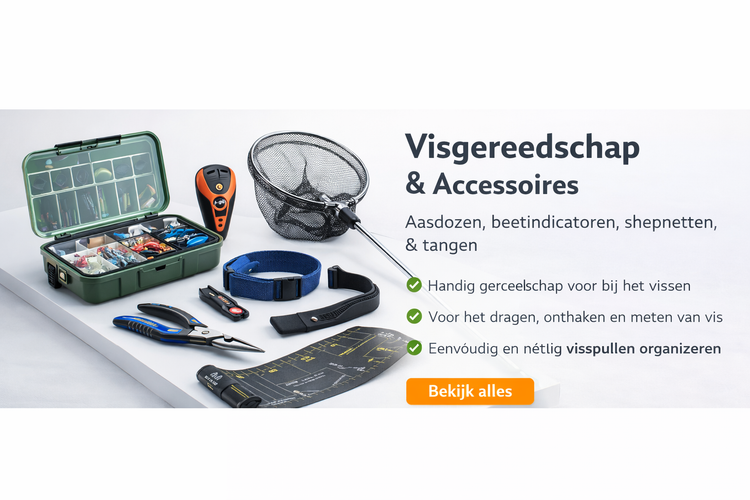 Visgereedschap en accessoires zoals aasdoos, beetindicator, visnet, vistang, lijnknipper en meetlint voor recreatief en sportvissen