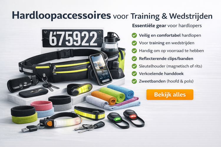 Collectie hardloopaccessoires met hardloopriemen, LED-lampjes, zweetbanden en telefoonhouders