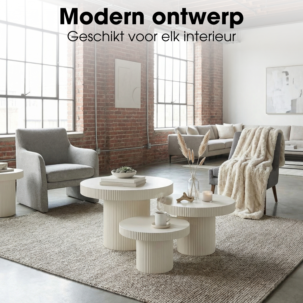 Bijzettafel set ijzer off-white rond