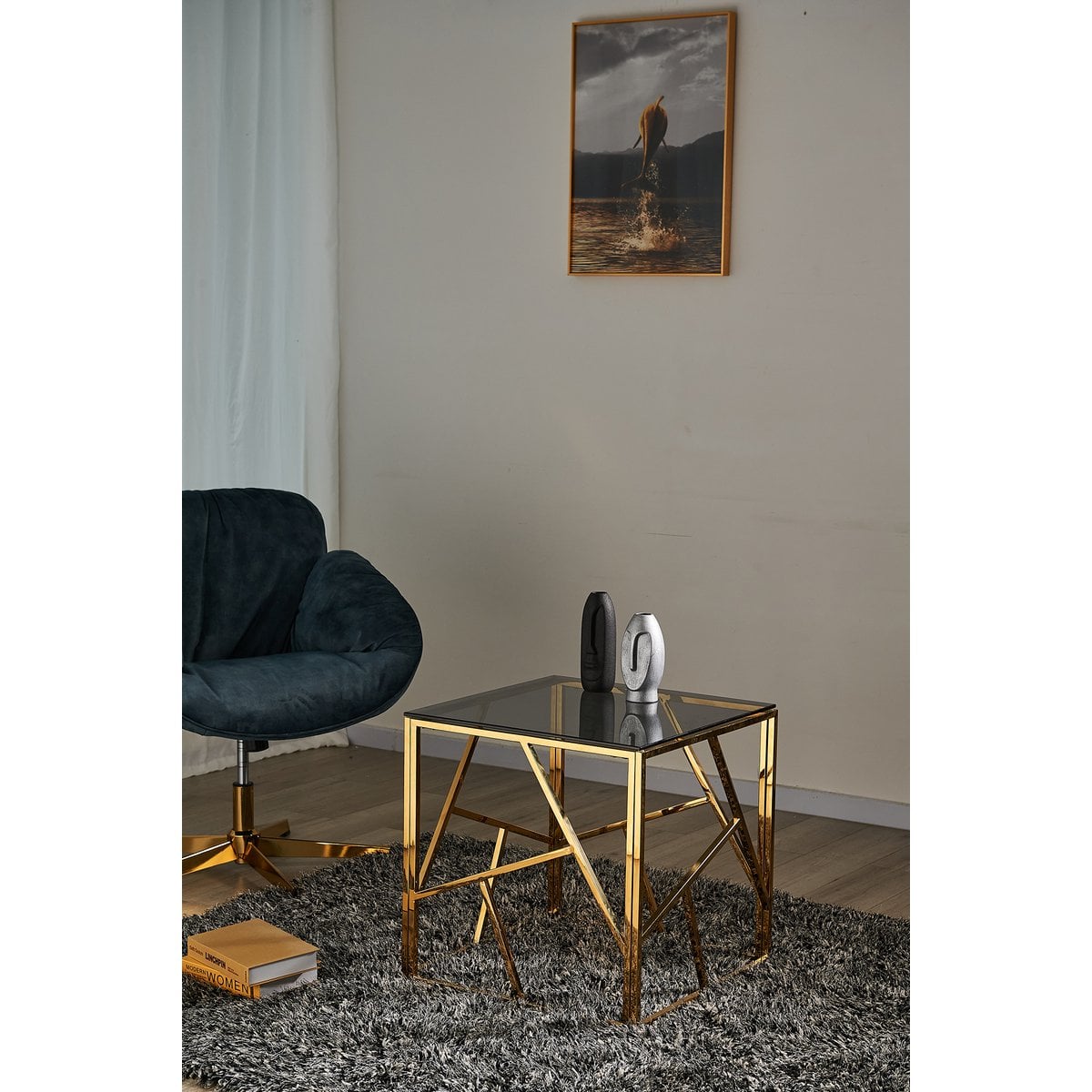 Bijzettafel 55x55x55 cm goud grijs glas metaal