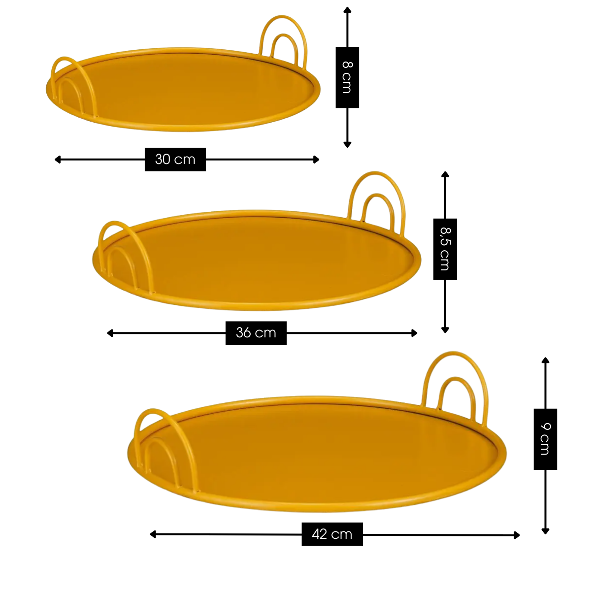 Dienblad set ijzer geel 3 stuks Ø30-42 cm