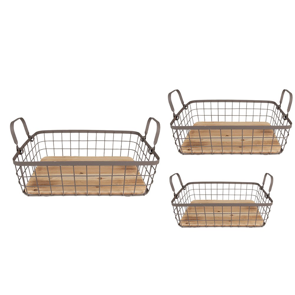 Storage Basket Set of 3 38x28x11 cm Grey Brown Iron Basket