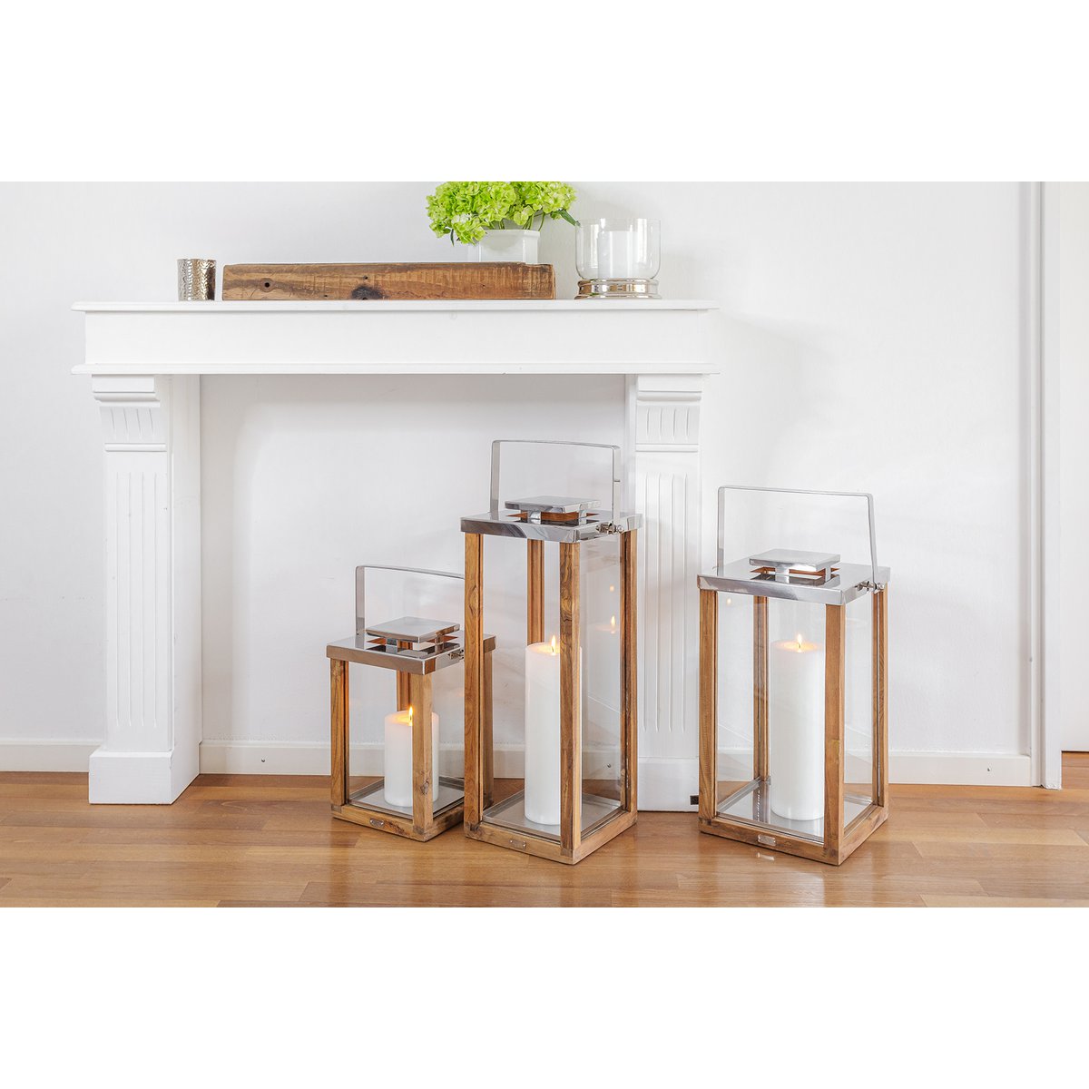 Lantaarn 70 cm hout RVS zilver