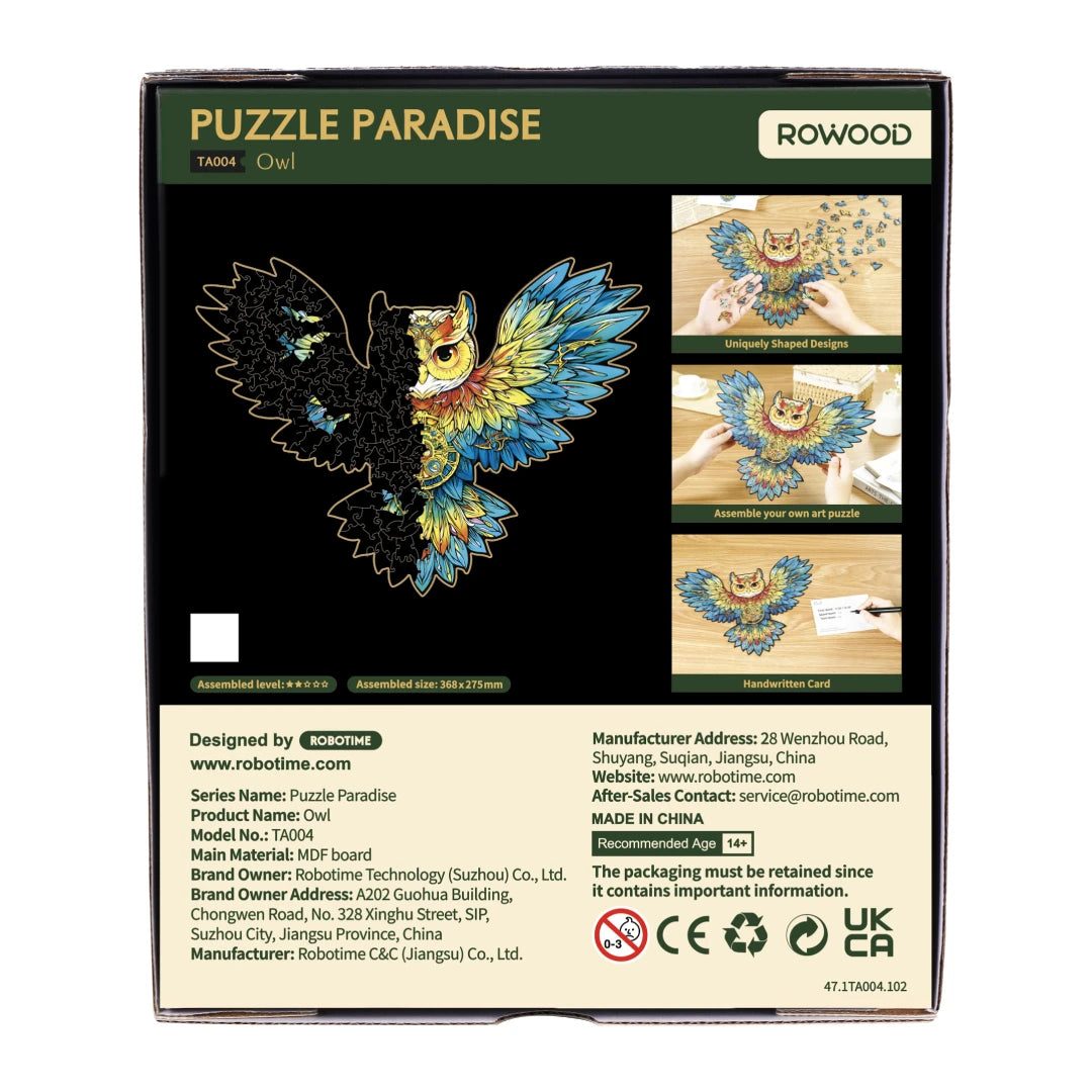 Wooden Jigsaw Puzzle, Rowood/Robotime, Paradise, Owl, TA004, 36.8x27.5cm