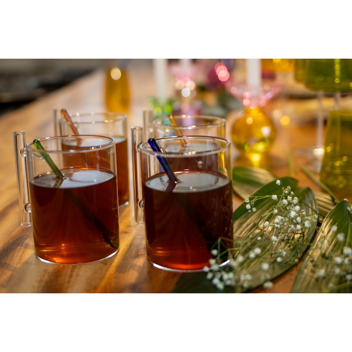 Theekopjes glas 400ml 4 stuks met gekleurde lepels