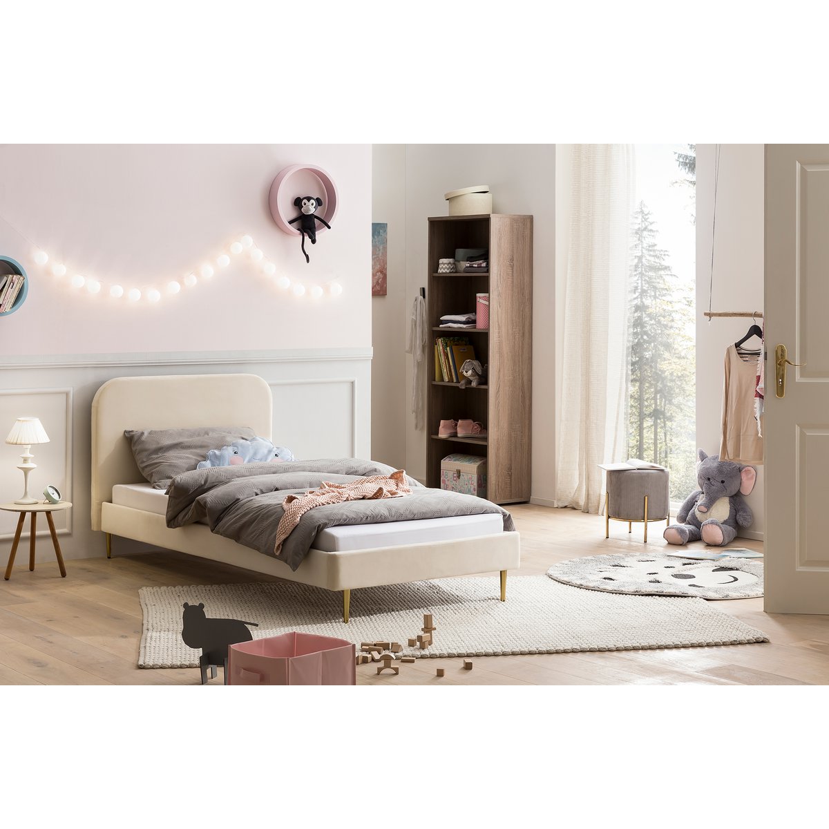 Upholstered bed with beige velvet cover 90x200 cm
