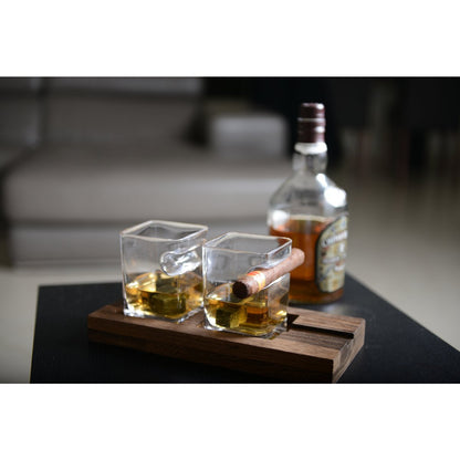 Whiskyset 2 glazen met houten steun en 4 keramische ijsblokjes