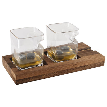 Whiskyset 2 glazen met houten steun en 4 keramische ijsblokjes