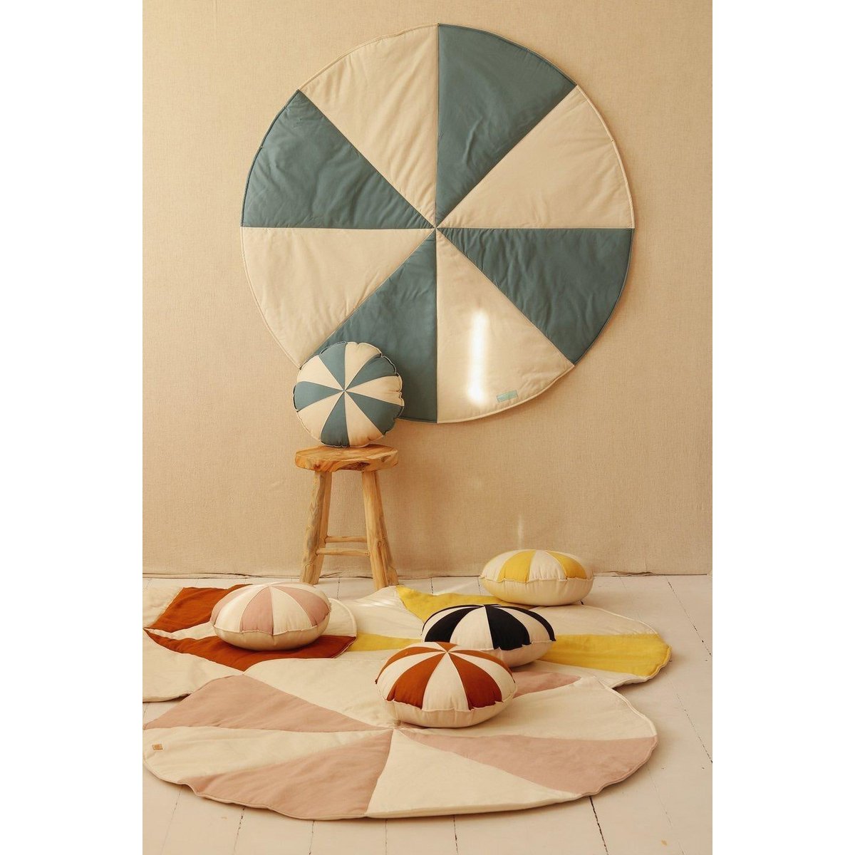 Speelmat rond 120 cm linnen katoen blauw beige