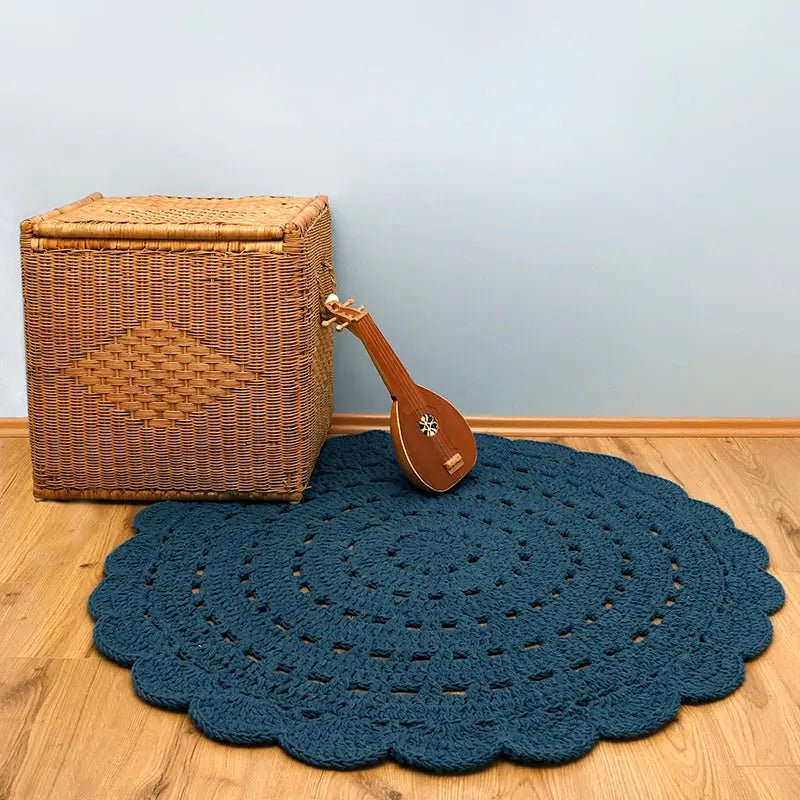Vloerkleed rond 120 cm katoen blauw gehaakt
