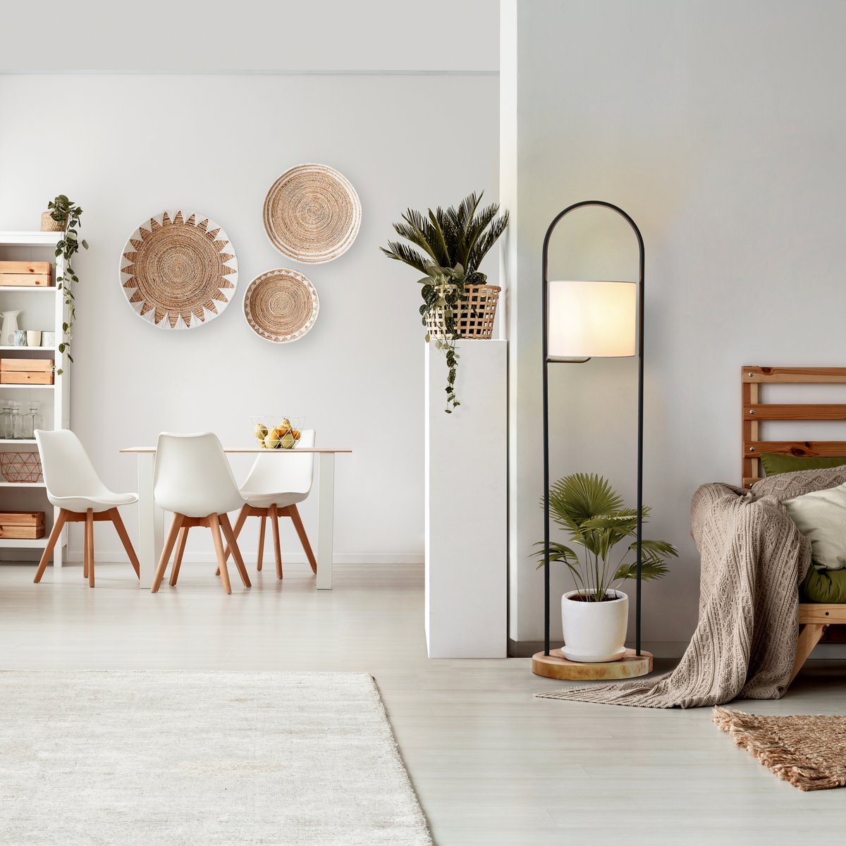 Vloerlamp acaciahout naturel/wit 153 cm plantenframe