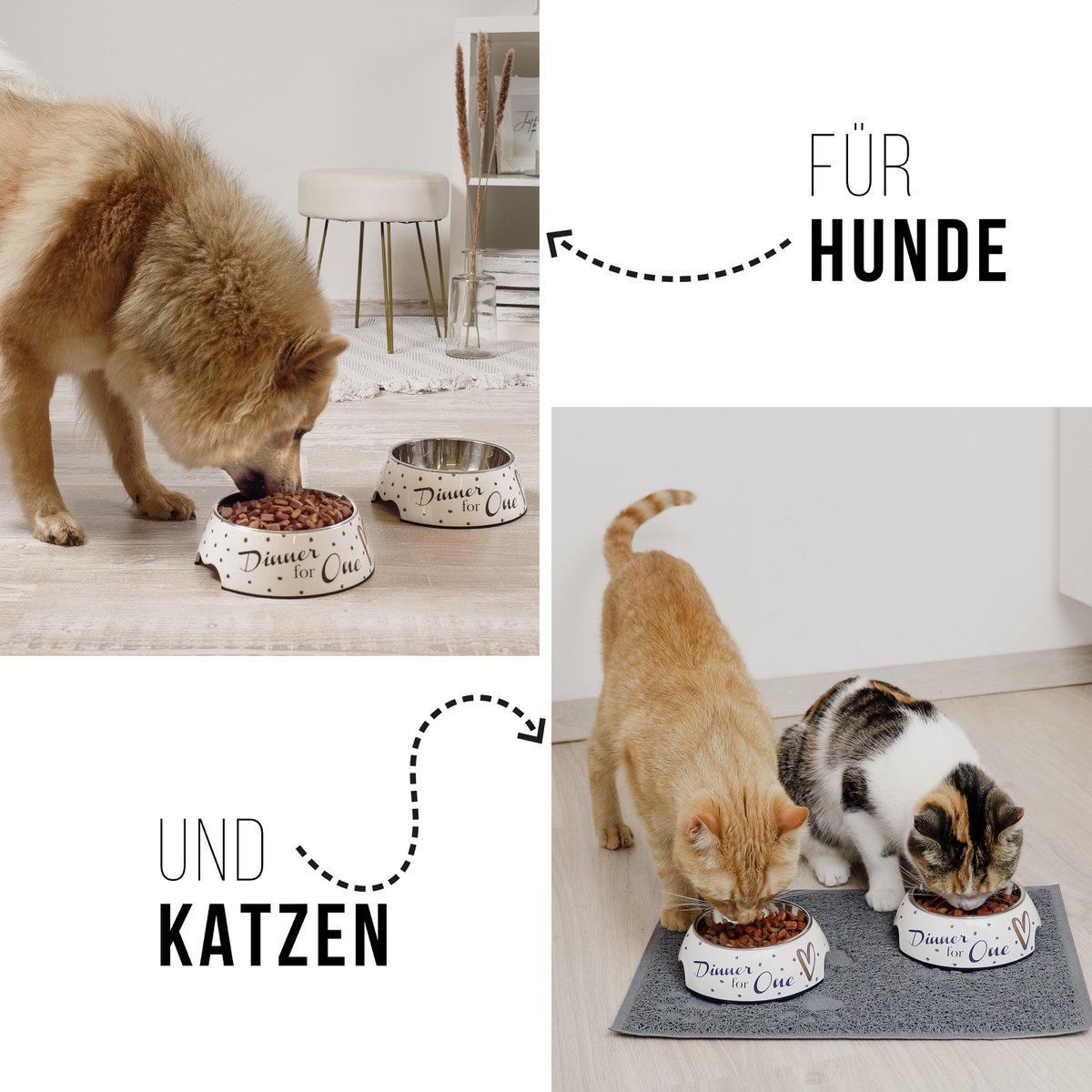 Honden voerbak set 2x RVS melamine wit goud