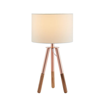Table lamp with wooden frame and copper/oak fabric shade