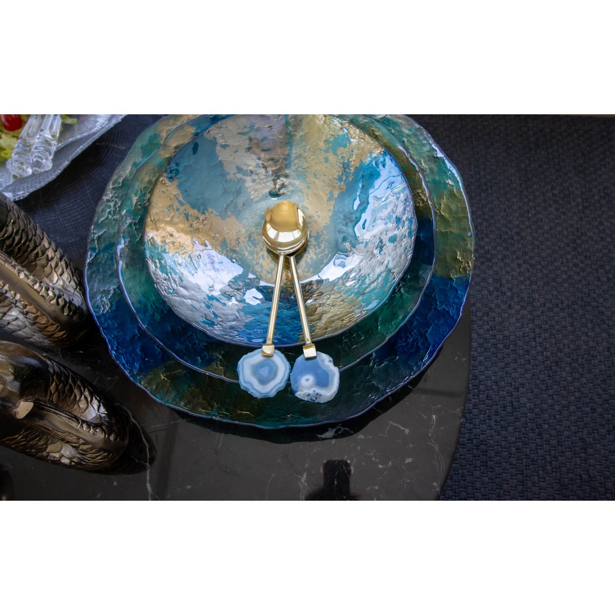 Fruitschaal 32 cm glas turquoise goud