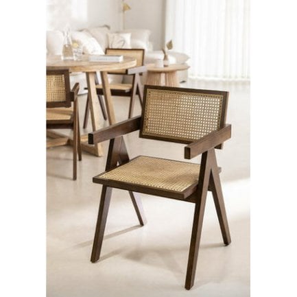 Stoel Pierre Jeanneret Hout en Rotan Hoge Kwaliteit