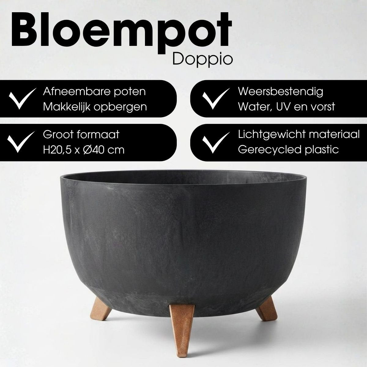 Plantenbak 40 cm rond zwart gerecycled plastic