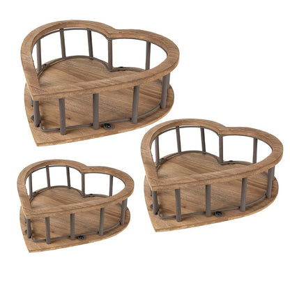 Opbergmand set van 3 hartvormig hout bruin