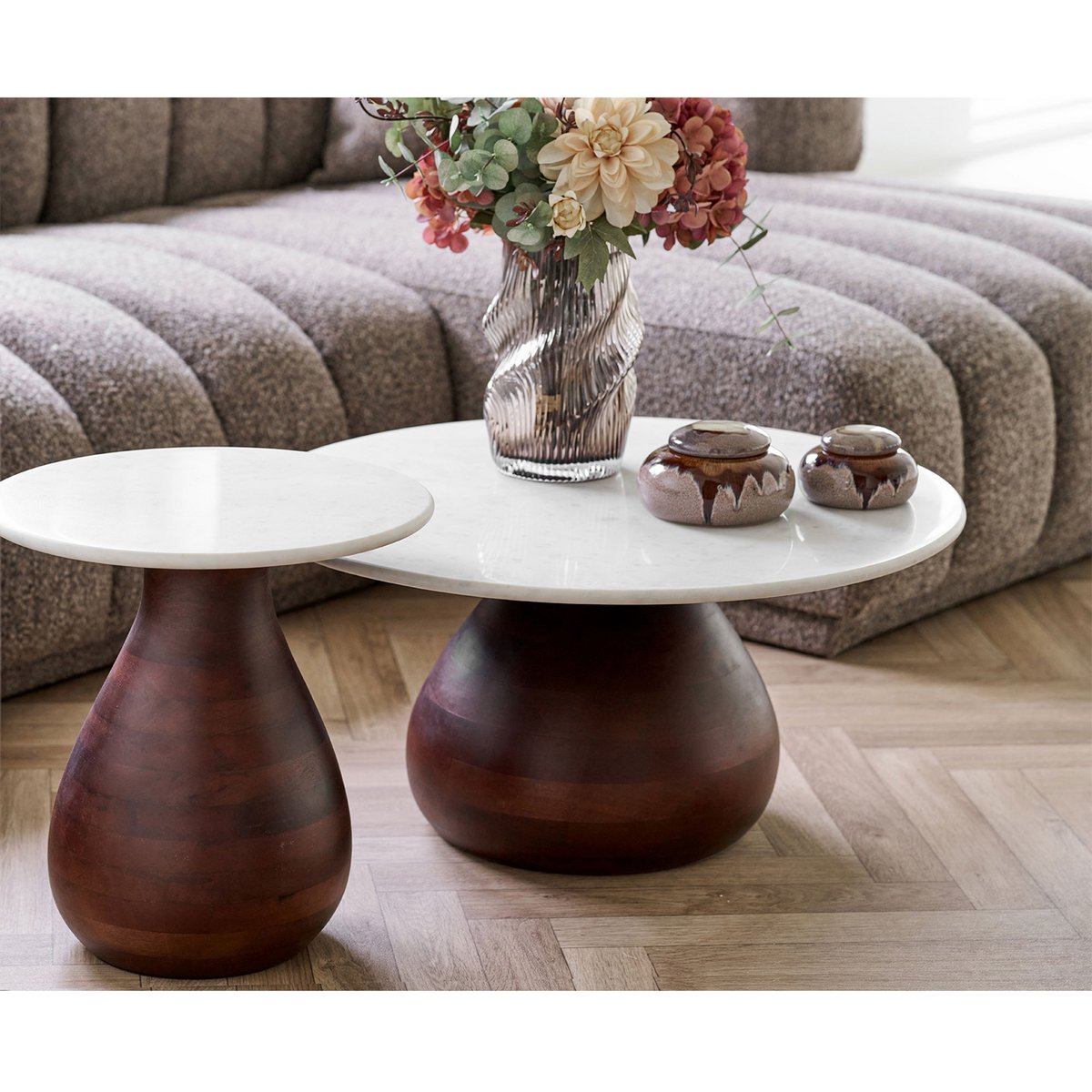 Heide Salontafel, mangohout/marmer, donkerbruin/wit, ø70x35 cm