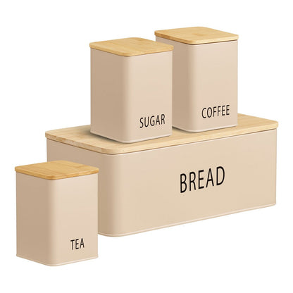 Tula Lunchbox with 3 Tins, Metal/Bamboo, Beige, Set of 4