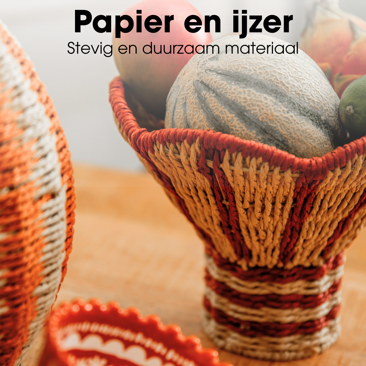 Opbergmand papier ijzer rood lichtbruin Ø28x20 cm