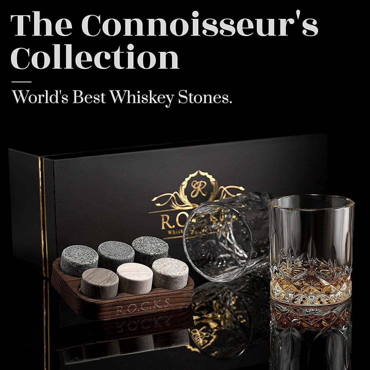 Whiskey set met granieten stenen en kristallen glazen
