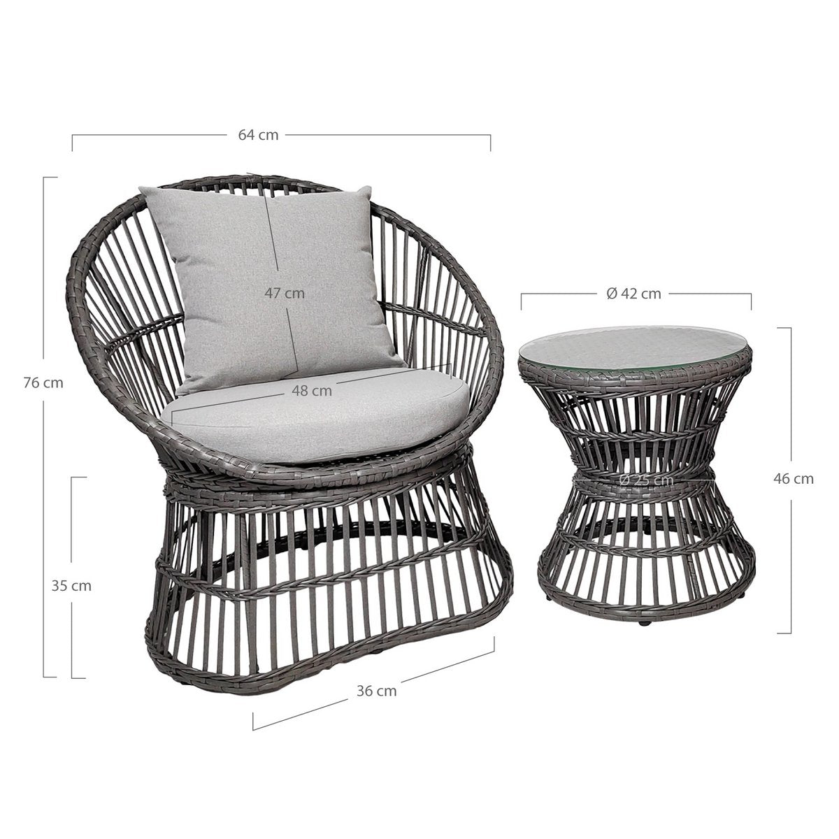 Loungeset rotan grijs 48x64x76 cm met kussens