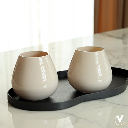 Waxinelichthouder set van 2 glas beige wit 12,5x11,5x12,5 cm