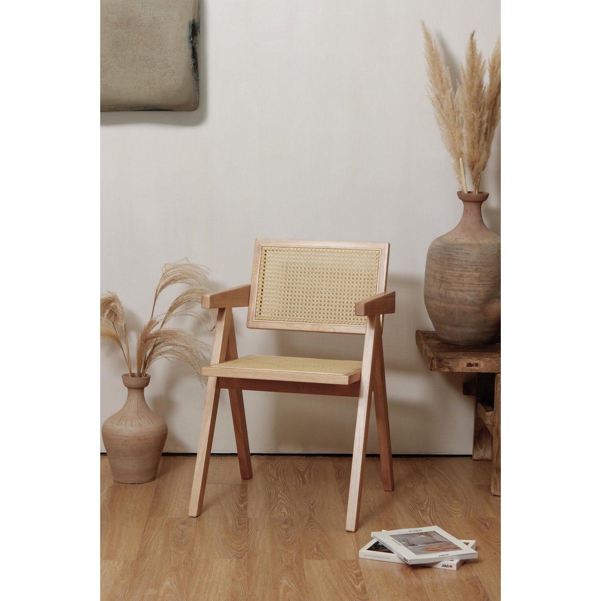 Stoel Pierre Jeanneret Hout en Rotan Hoge Kwaliteit