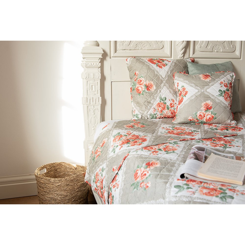 Bedsprei 240x260 cm grijs roze katoen bloemen