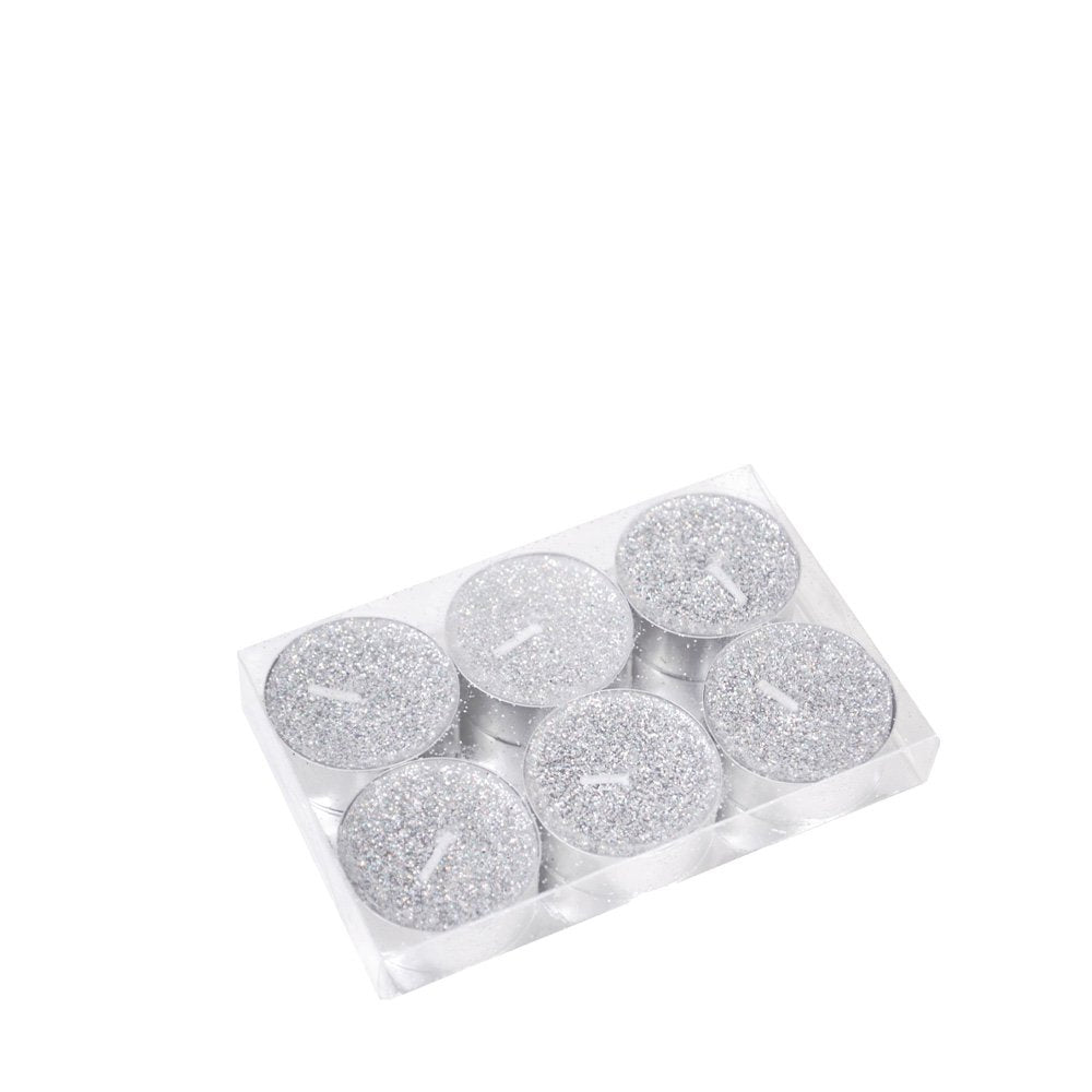 Theelichtjes zilver glitter set 6 stuks