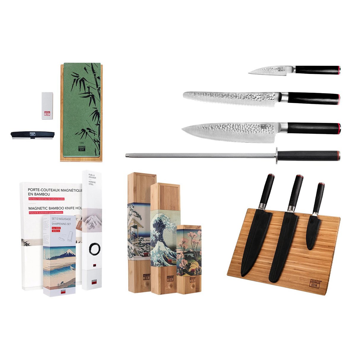 Messen- en keukenaccessoireset - The Essential Set Deluxe Edition (B): 3 messen (schilmesje + gyuto + broodmes) + 3 accessoires (magnetische bamboe meshouder + aanzetstaal + slijpset korrel 400/1000)