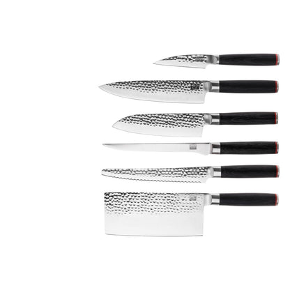 De Pakka Complete Set Pro (A) : 6 Messen (Schilmesje + Santoku + Gyuto + Fileermes + Broodmes + Hakmes) + 2 Accessoires (magnetische bamboe meshouder + aanzetstaal)