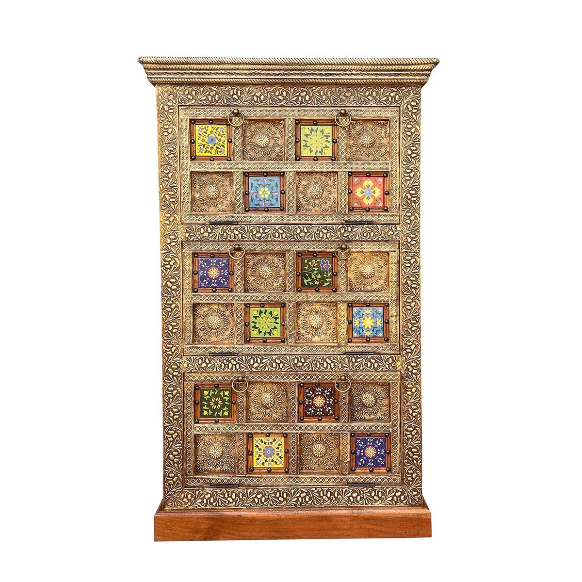 Shoe cabinet with 3 flaps, acacia, metal, colorful