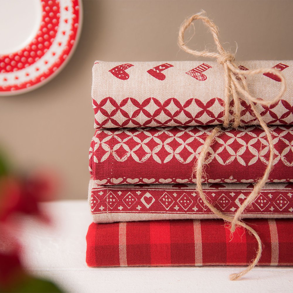 Vierkant Tafelkleed Kerst 150x150 cm Rood Beige Katoen Hert en Kerst Tafellaken